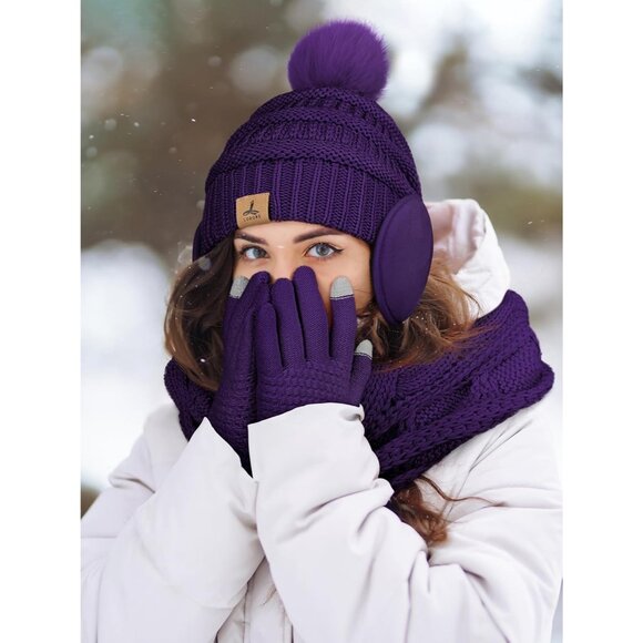 Women Purple Knit Beanie Hat, Gloves, Scarf & Ear Warmer Set - Winter - Picture 6 of 7
